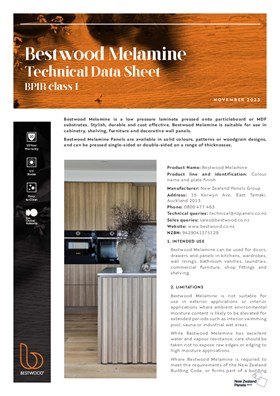 Bestwood Melamine Technical Data Sheet / BPIR